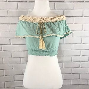 Flying Tomato Off Shoulder Crochet Trim Crop Top